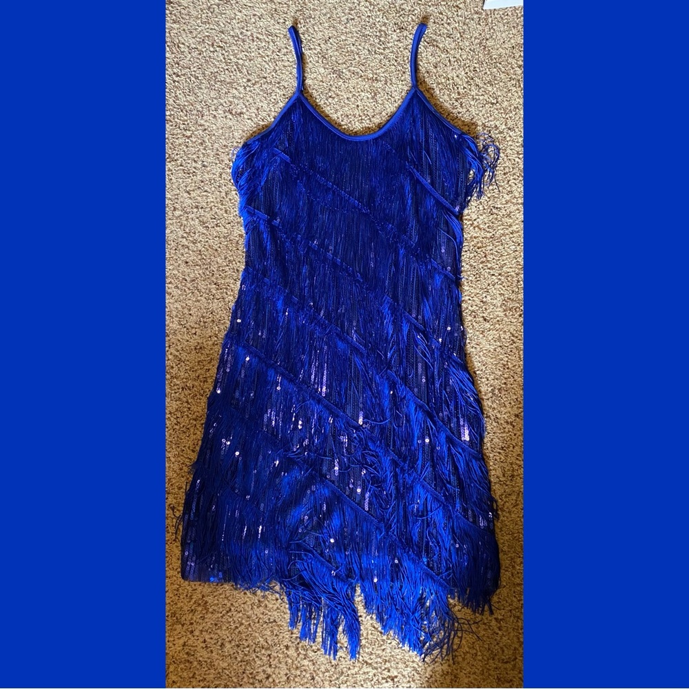 Blue flapper costume and black fishnets